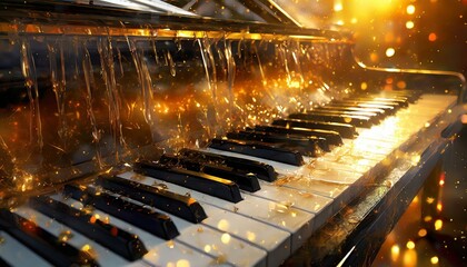 Black Piano Notes Dripping in Golden tones with drops of water and fire on the surface ai generated