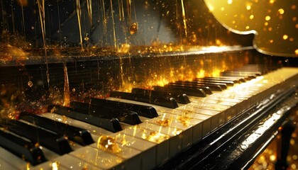 Black Piano Notes Dripping in Golden tones with drops of water and fire on the surface ai generated