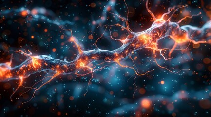 A blue and orange galaxy of neurons - obrazy, fototapety, plakaty