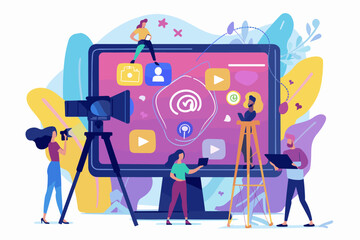Business Concept Illustration: Social Media and Photography Gallery Interaction, Online Image Sharing Platform, Creative Digital Marketing and Networking Scene