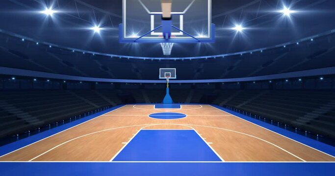 Wooden basket court inside a modern sports arena illuminated with shining spotlights. Camera rotation around court. Professional 4K video loop for sports advertisement.