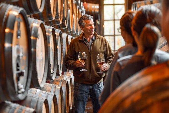 Man Enjoying Wine Tasting in Rustic Cellar with Oak Barrels, Expert Sommelier Assessing Quality of Vineyard Production, Wine Tourism and Gastronomy Experience, Indoor Leisure Activity