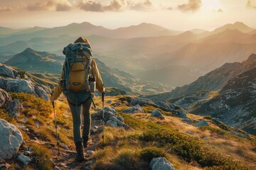 Obraz premium Solo Hiker with Backpack Trekking on Picturesque Mountain Trail at Sunset, Adventurous Journey in Nature, Hiking in Wilderness