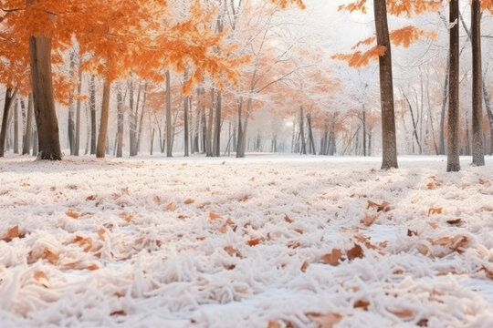Surreal Autumnal Park Blanketed in Snow Creating a Tranquil Winter Scene