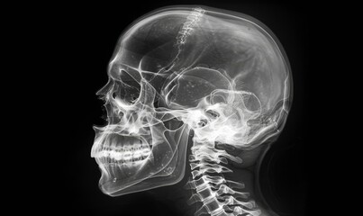 A skull is shown in a black and white photo