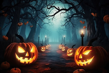 Spooky Halloween Scene with Jack-o'-Lanterns Lining a Creepy Forest Path