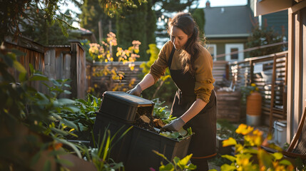Long hair woman actively composting food waste into an outdoor compost bin, demonstrating sustainable practices for reducing kitchen waste