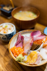 Assorted sashimi rice don in Japanese restaurant