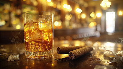 A glass of whiskey paired perfectly with a cigar embodies sophistication and leisure  - obrazy, fototapety, plakaty