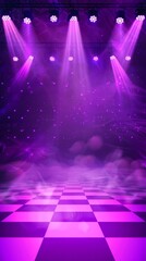 A purple and white checkered floor with lights shining on it