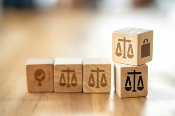 Wooden blocks with justice or law symbols on table. Concepts of law, justice, legal system, court, legislation.