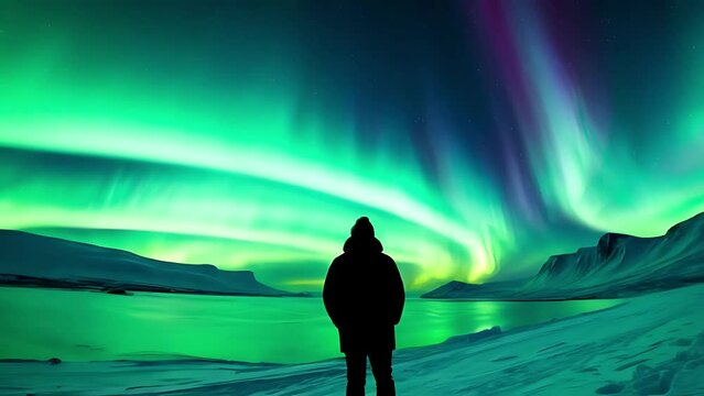 Silhouetted Beneath the Northern Lights. Seamless and infinity looping video animation background