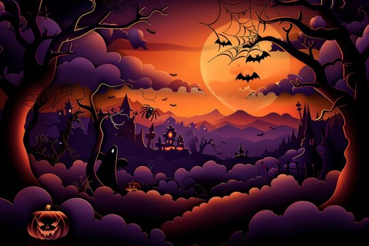 A Halloween themed painting of a forest with a moon and bats flying in the sky