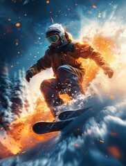 Obraz premium A man is snowboarding down a mountain