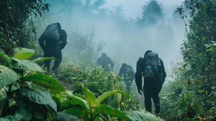 depicting a respectful encounter between a hiker and a mountain gorilla family in the misty forests of a mountainous region, emphasizing the profound, silent communication possible between species. - obrazy, fototapety, plakaty