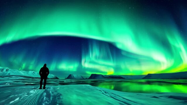 Silhouetted Beneath the Northern Lights. Seamless and infinity looping video animation background