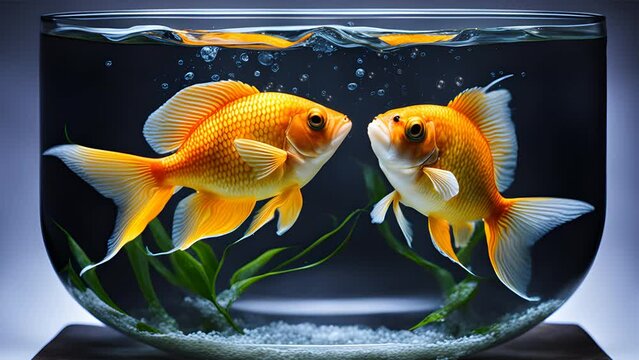 Pair of beautiful golden fish in the aquarium