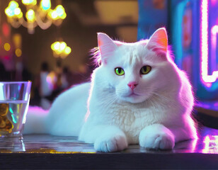 Um gato branco, deitado no balcão de um pub. - obrazy, fototapety, plakaty