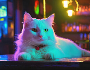 Um gato branco, deitado no balcão de um pub, iluminado com as luzes do ambiente. - obrazy, fototapety, plakaty