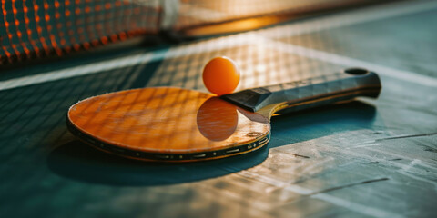 Bright orange ping pong paddle and racket on table with sun shining in background