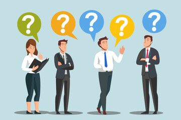 Fototapeta na wymiar Business People Asking Questions - Confused Employees Seeking Solutions, Answers. Group Discussion to Solve Problems, Get Information. Question Mark Signs. Vector Concept for Web Banner, Presentation.