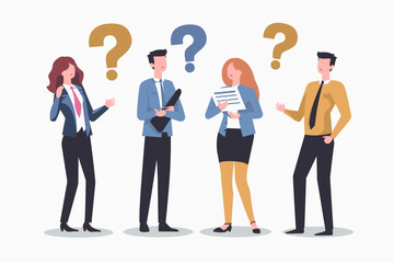 Fototapeta na wymiar Business People Asking Questions - Confused Employees Seeking Solutions, Answers. Group Discussion to Solve Problems, Get Information. Question Mark Signs. Vector Concept for Web Banner, Presentation.