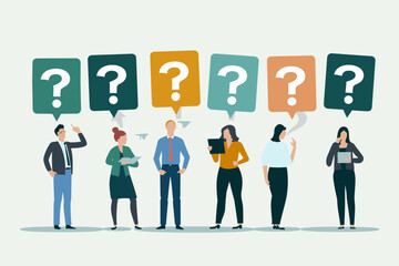 Business People Asking Questions - Confused Employees Seeking Solutions, Answers. Group Discussion to Solve Problems, Get Information. Question Mark Signs. Vector Concept for Web Banner, Presentation.