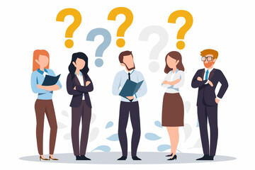 Business People Asking Questions - Confused Employees Seeking Solutions, Answers. Group Discussion to Solve Problems, Get Information. Question Mark Signs. Vector Concept for Web Banner, Presentation.