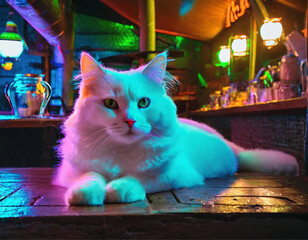 Um gato branco, deitado no balcão de um pub. - obrazy, fototapety, plakaty