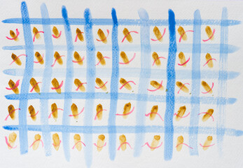 blue lines arranged in a grid form and decorative blotches of color