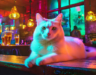 Obraz na płótnie Canvas Um gato branco, deitado no balcão de um pub.