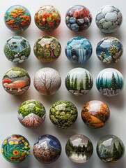 Imaginary balls each painted or sculpted to replicate a unique ecosystem - from lush rainforests to icy tundras