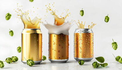 beer metal golden can with beer splash and hop cone isolated on white background - obrazy, fototapety, plakaty