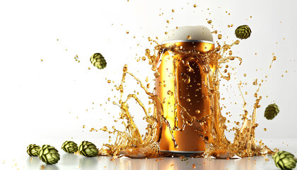 beer metal golden can with beer splash and hop cone isolated on white background - obrazy, fototapety, plakaty