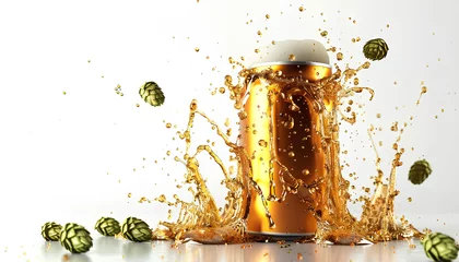 Foto auf Alu-Dibond beer metal golden can with beer splash and hop cone isolated on white background © Oleksiy