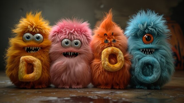 A group of fuzzy monsters with numbers on their backs