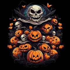 cool halloween design, manga style, bats, pumpkins, skeletons, zombies, black background creative with Generative AI