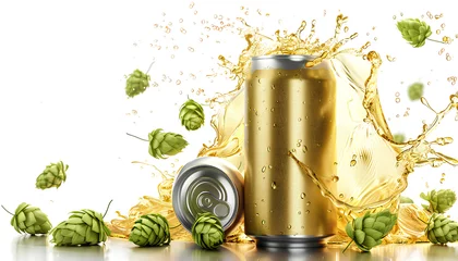 Foto auf Alu-Dibond beer metal golden can with beer splash and hop cone isolated on white background © Oleksiy