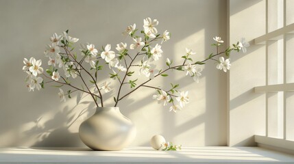 White Vase With White Flowers on Window Sill
