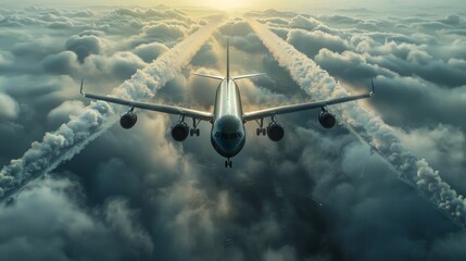 Plane Flying Through Cloudy Sky With Smoke Trail - obrazy, fototapety, plakaty