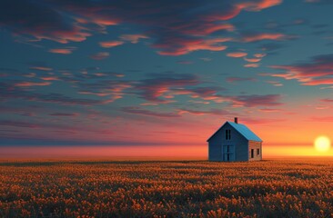 A small, old house sits in a field with a beautiful sunset in the background - Powered by Adobe