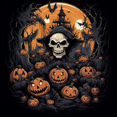 cool halloween design, manga style, bats, pumpkins, skeletons, zombies, black background creative with Generative AI