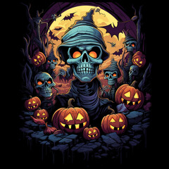 cool halloween design, manga style, bats, pumpkins, skeletons, zombies, black background creative with Generative AI