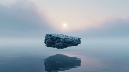 A large rock is floating in the middle of a calm body of water