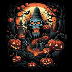 Fototapeta premium cool halloween design, manga style, bats, pumpkins, skeletons, zombies, black background creative with Generative AI