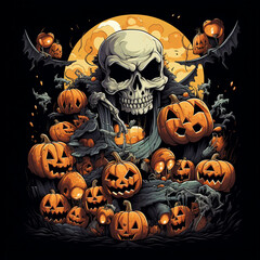 cool halloween design, manga style, bats, pumpkins, skeletons, zombies, black background creative with Generative AI
