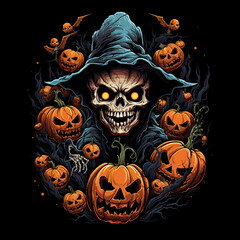 cool halloween design, manga style, bats, pumpkins, skeletons, zombies, black background creative with Generative AI