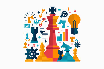 Business Strategy Concept - Businessman with Chess Pieces, Lightbulb, Gears. Symbols of Tactics, Solutions, Marketing, Consulting. Creative Vector for Web Banner, Social Media Ad, Presentation.