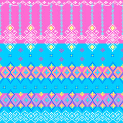 Traditional Thai cloth pattern clothing Thai ethnic sarong Cross-stitch pattern in Pixel Seamless Vector format using geometric shapes arranged into various shapes such as flowers, stars