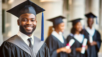happy african american graduate in cap and gown at university campus